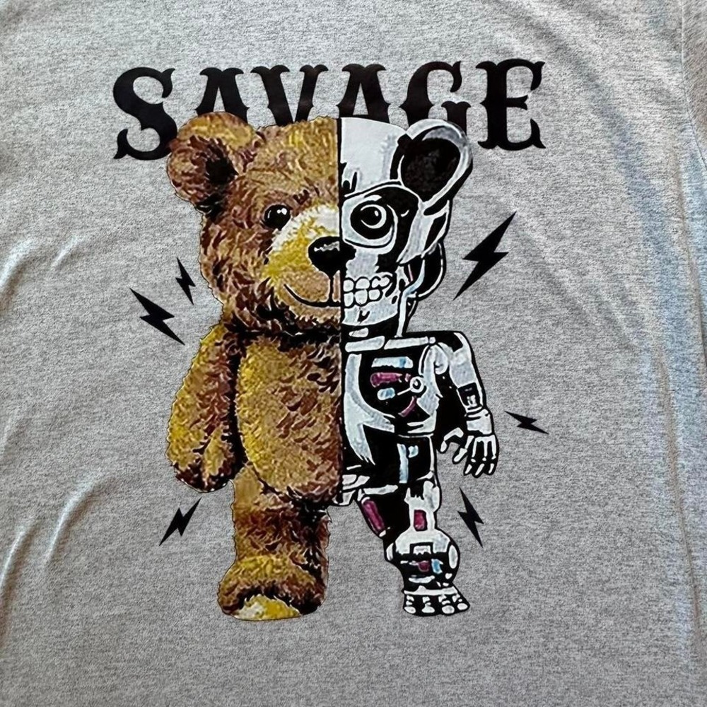 Savage‎ Teddy Bear Robot Skeleton Graphic Tee Heather Gray Mens Small Streetwear